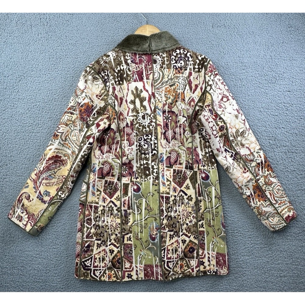 Chico's Vintage Paisley Print Faux Fur Lined Coat Jacket Boho Art To Wear Size 1 - Picture 4 of 11
